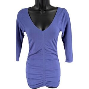 BCBGMAXAZRIA Purple Ruched V Neck Top XS/S 3/4 Sleeve Stretch Made in USA NWOT